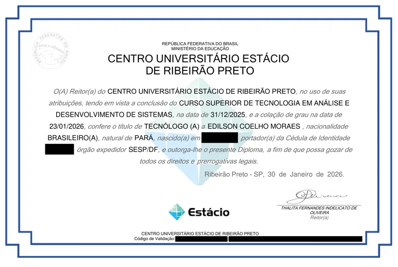 Certificado: Tecnólogo em Análise e Desenvolvimento de Sistemas